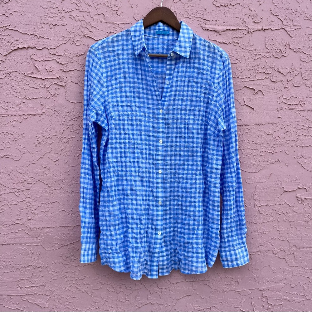 J. McLaughlin Gingham Crinkle Stretch Cotton Button Up Shirt Size Small